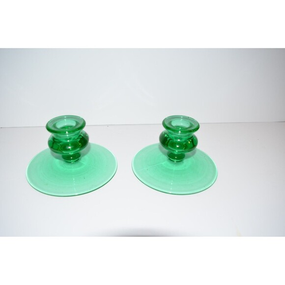 Vtg Pair Uranium Glass Candlestick Holders Green Depression Glass - Picture 11 of 11